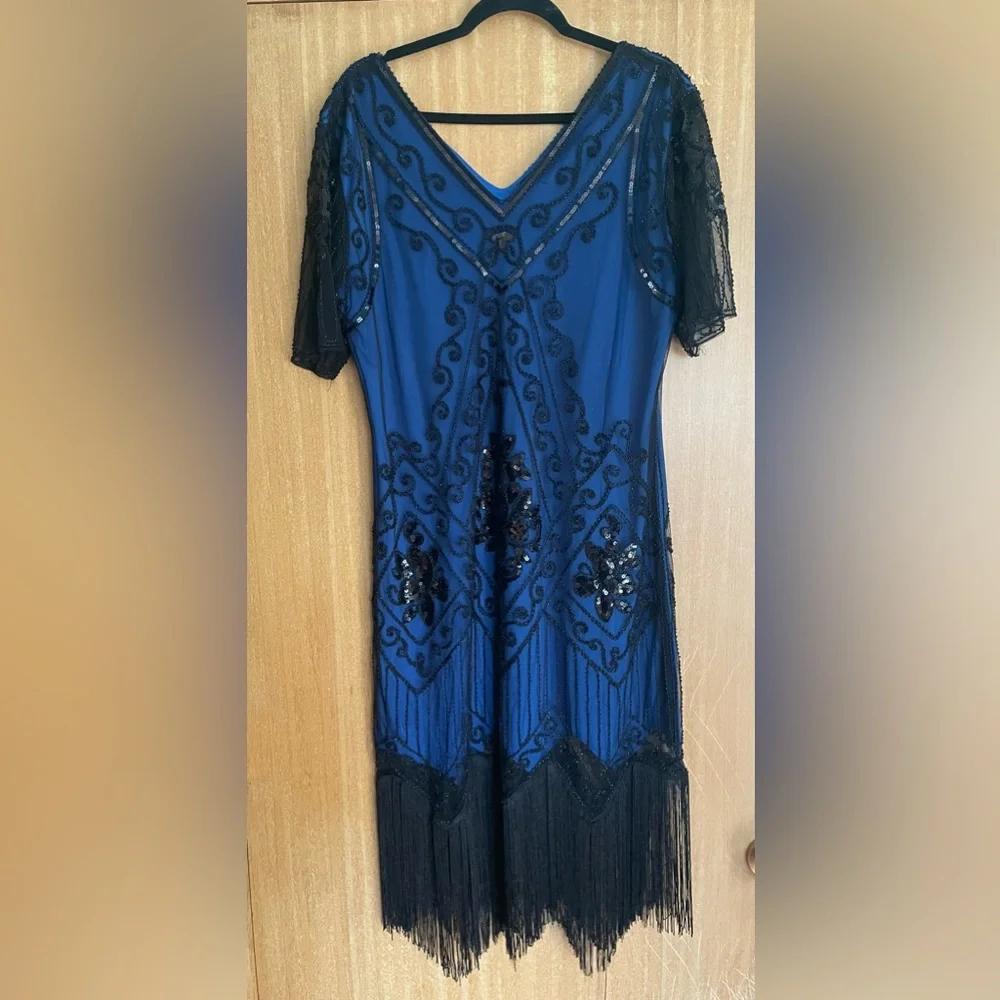 1920's Flapper Dress,  BluewithBlack Sequins, Size XXL, - Picture 2 of 5
